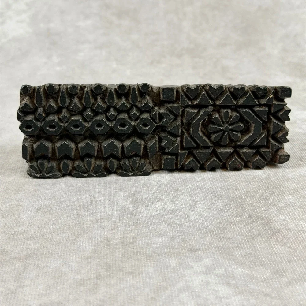 Vintage Hand Carved Wooden Textile Printing Block Geometric Floral Design Stamp